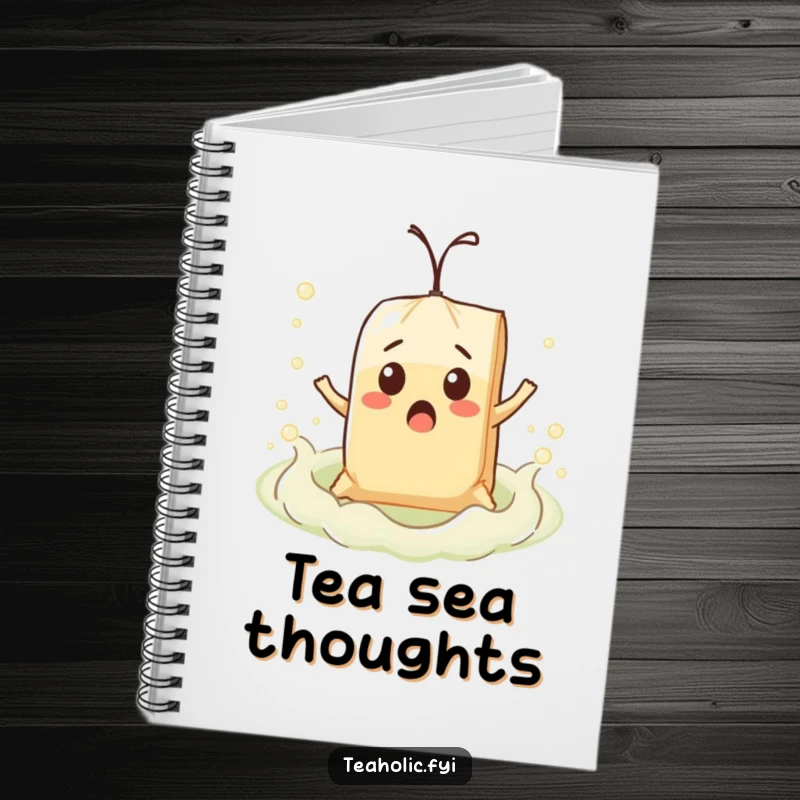 Funny surprised teabag character comically floating on a bubbly tea sea, designed on the cover of a notebook.