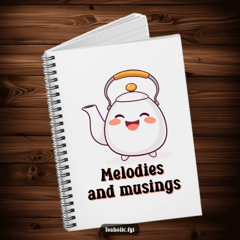 Funny tea kettle notebook with a happy whistling character, great for notes and as a funny gift.