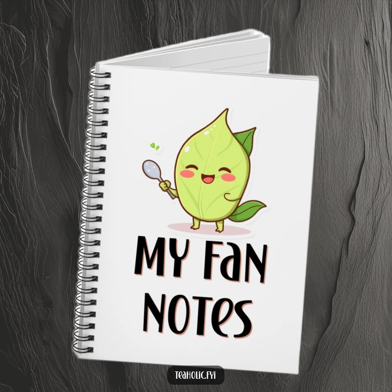 Funny smiling tea leaf character fanning itself with a small spoon, a humorous notebook.