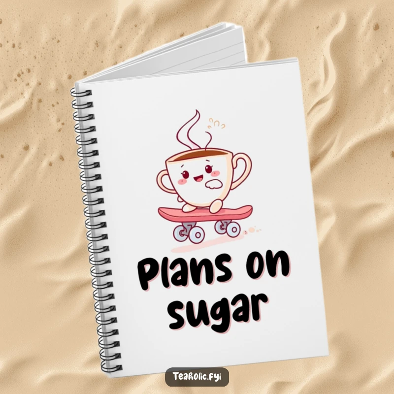 Funny notebook with a steaming teacup character joyfully skateboarding on a sugar cube, perfect for jotting notes with humor.