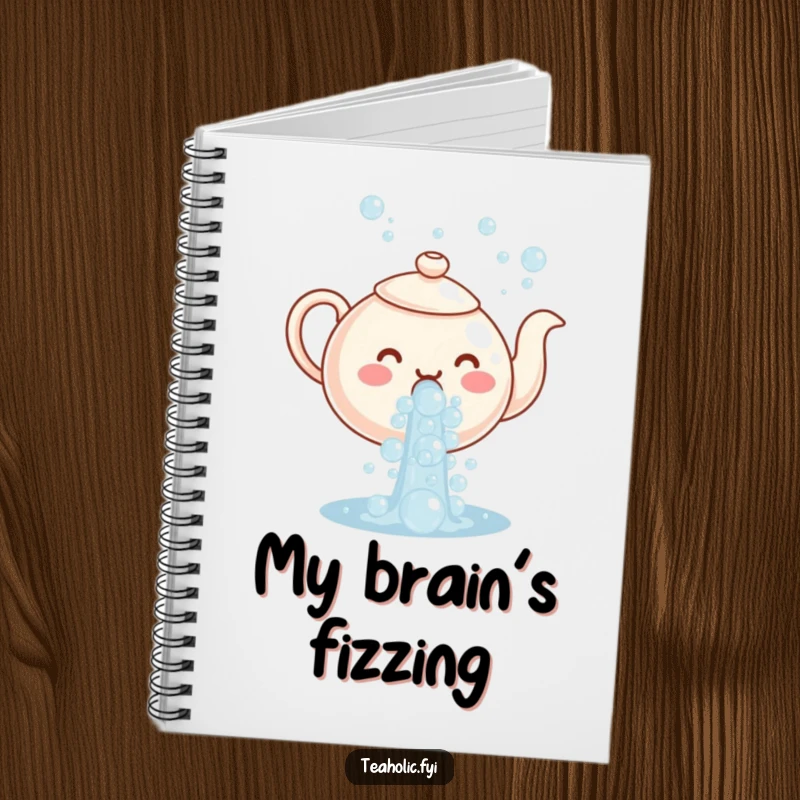 Funny notebook cover with a teapot character pouring a cascade of bubbles, perfect for jotting down notes with flair.
