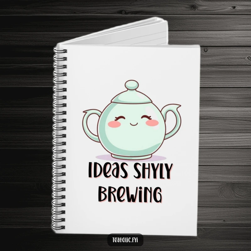 Funny notebook with a shy teapot character blushing, perfect for jotting down gentle thoughts with a sweet touch.