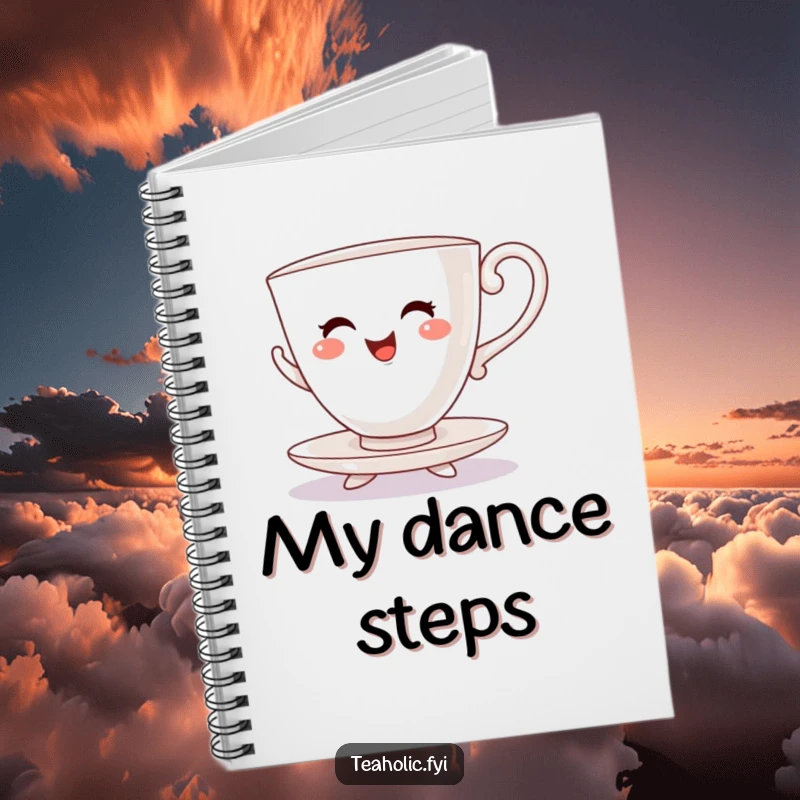 Funny notebook cover featuring a cheerful teacup character dancing a lively jig on saucer feet.