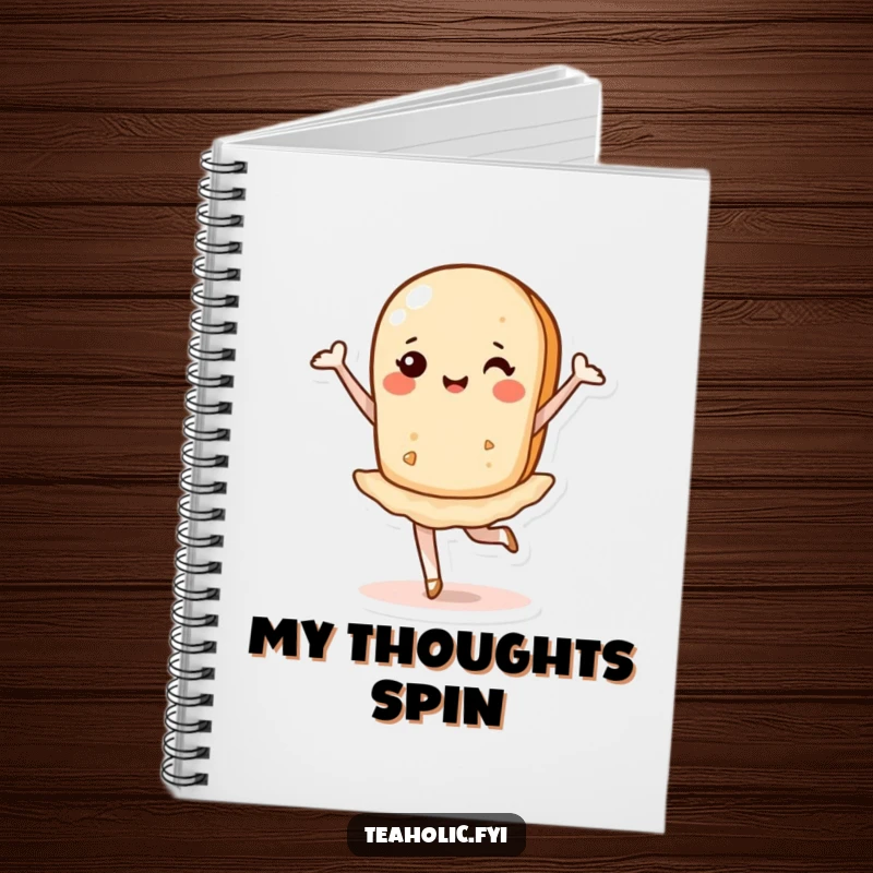 Funny notebook cover with a cheerful tea biscuit executing a graceful ballet pirouette, inspiring creativity.