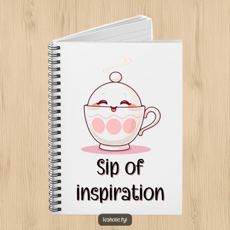 Funny notebook cover featuring a steaming teacup character playfully winking, ready to capture your thoughts.