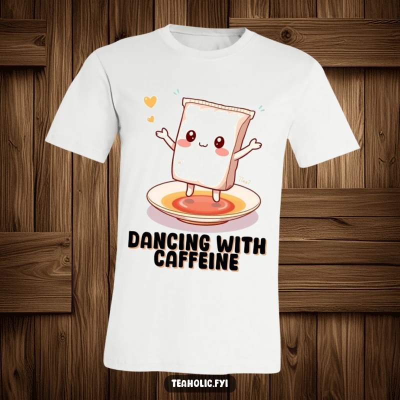 Funny kawaii tea bag character doing a happy dance on a saucer, a cheerful t-shirt.