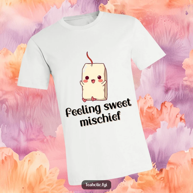 Funny t-shirt featuring a tea bag character performing a daring swing attempt from a sugar cube, designed for laughs and comfort.