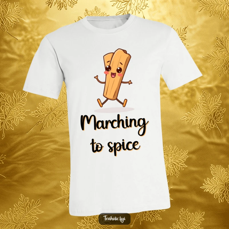 Funny Cinnamon Stick T-Shirt showcasing a playful cinnamon stick character doing a determined, silly march.