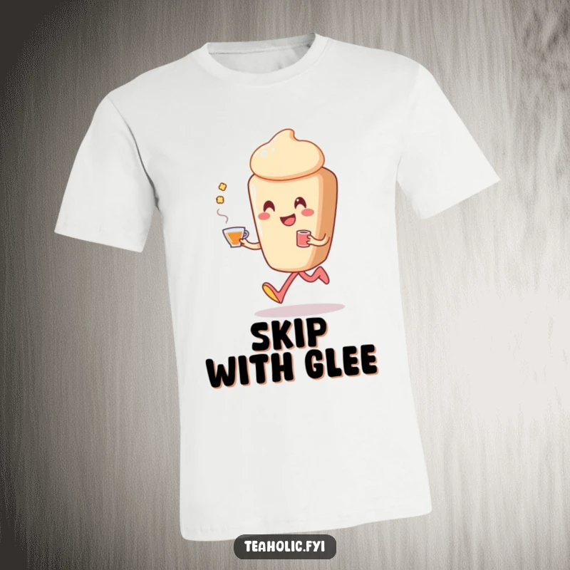 Funny pastry t-shirt showing a cartoon pastry character mid-skip, smiling broadly while holding a cup of tea with cheerful abandon.