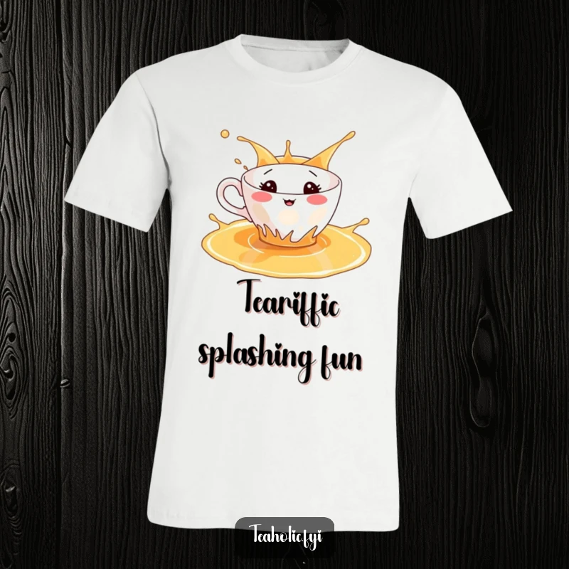 Funny t-shirt depicting a happy teacup character gleefully splashing in a puddle of tea, embodying pure delight.
