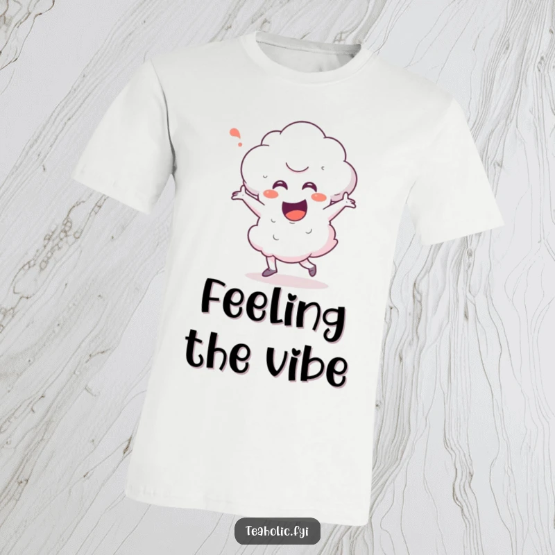 Funny steam cloud character in a joyful, energetic happy dance pose on a t-shirt, perfect for casual, humorous wear.