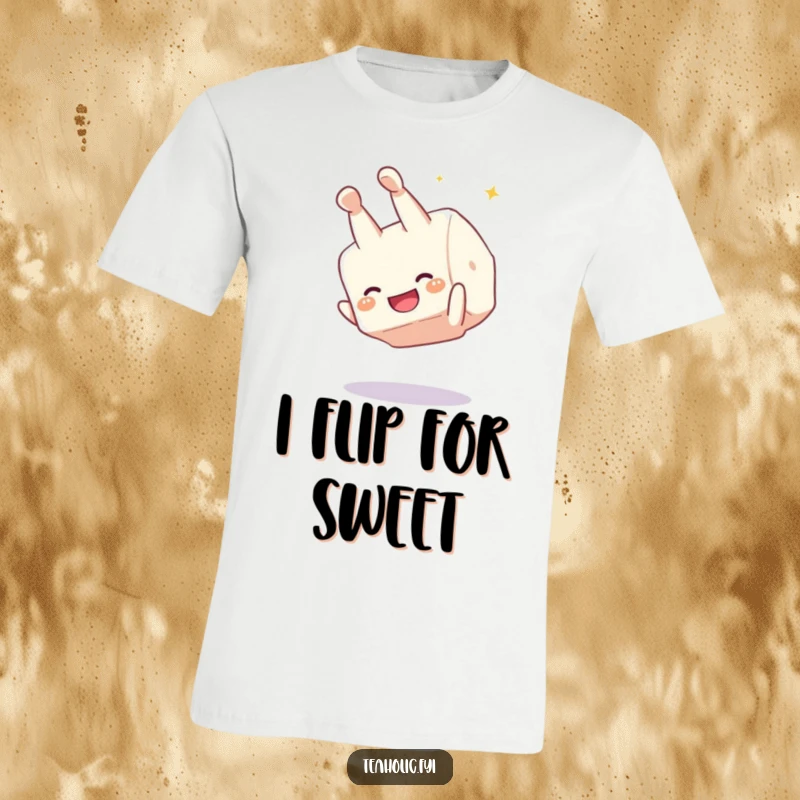 Funny sugar cube somersault t-shirt, a giggling character performing a joyful flip, sweet and humorous apparel for a lighthearted mood.