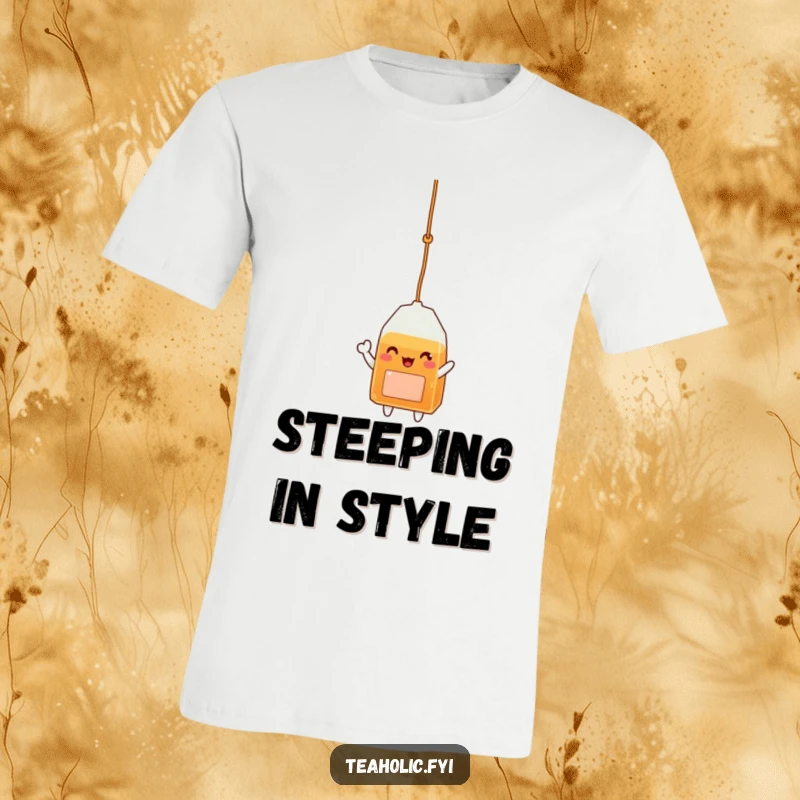 Funny t-shirt showcasing a delighted tea bag character dangling by its string and enthusiastically waving, radiating happiness.