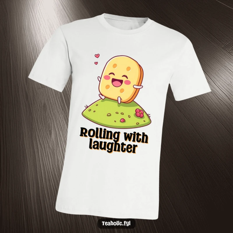 Funny Tea Biscuit T-Shirt showcasing a laughing tea biscuit character mid-roll down a hill, radiating pure happiness.