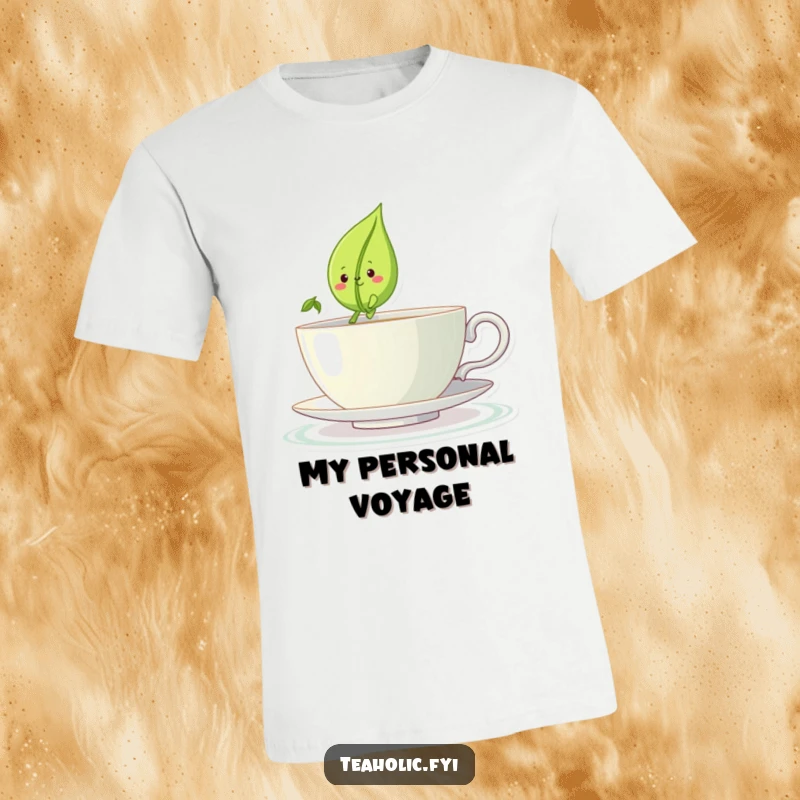 Funny t-shirt featuring a smiling tea leaf character sailing a teacup like a boat, a delightful funny gift.