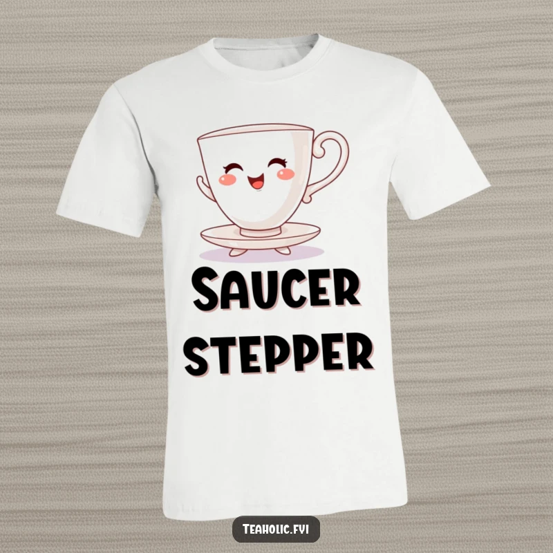 Funny t-shirt depicting a cheerful teacup character with saucer feet performing an energetic jig with glee.