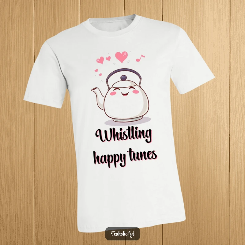 Funny grinning tea kettle whistling merrily, steam forming a heart, featured on a t-shirt, radiating love and warmth.