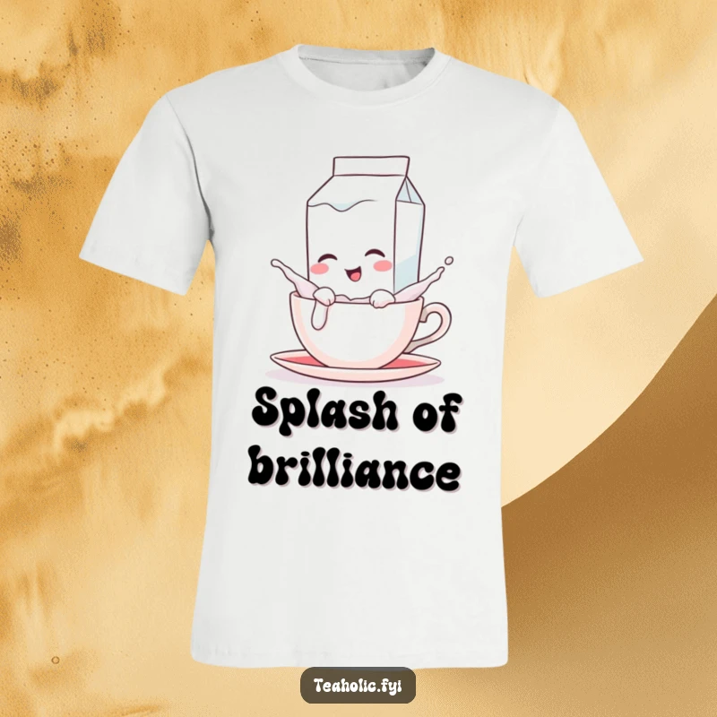 Funny t-shirt depicting a winking milk carton character playfully splashing into a teacup, creating a ripple of amusement.