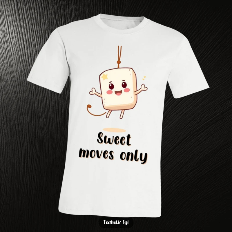Funny t-shirt depicting a jovial sugar cube character energetically bouncing on a tea bag string, full of zest.