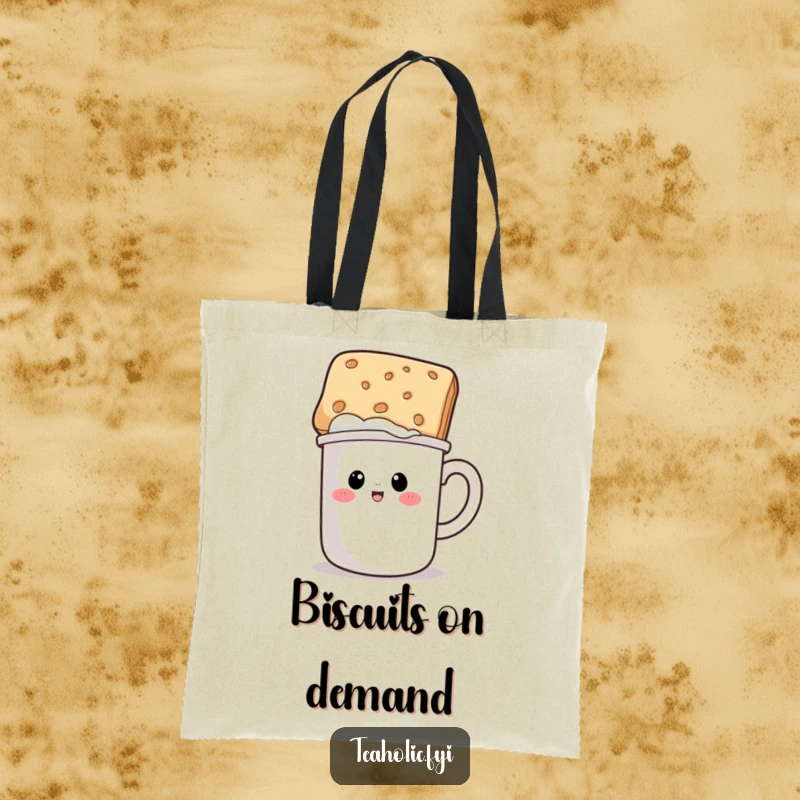 Funny tote bag design with a mug character comically wearing a biscuit as a hat, ideal for shopping and spreading smiles.
