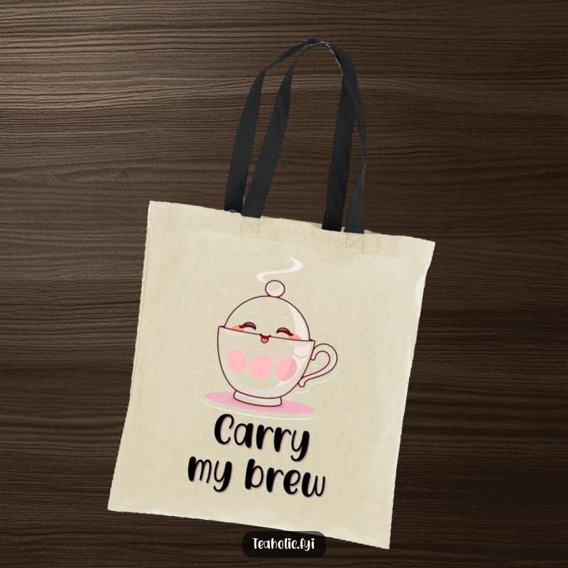 Funny tote bag with a steaming teacup character playfully winking, perfect for carrying your daily necessities with charm.