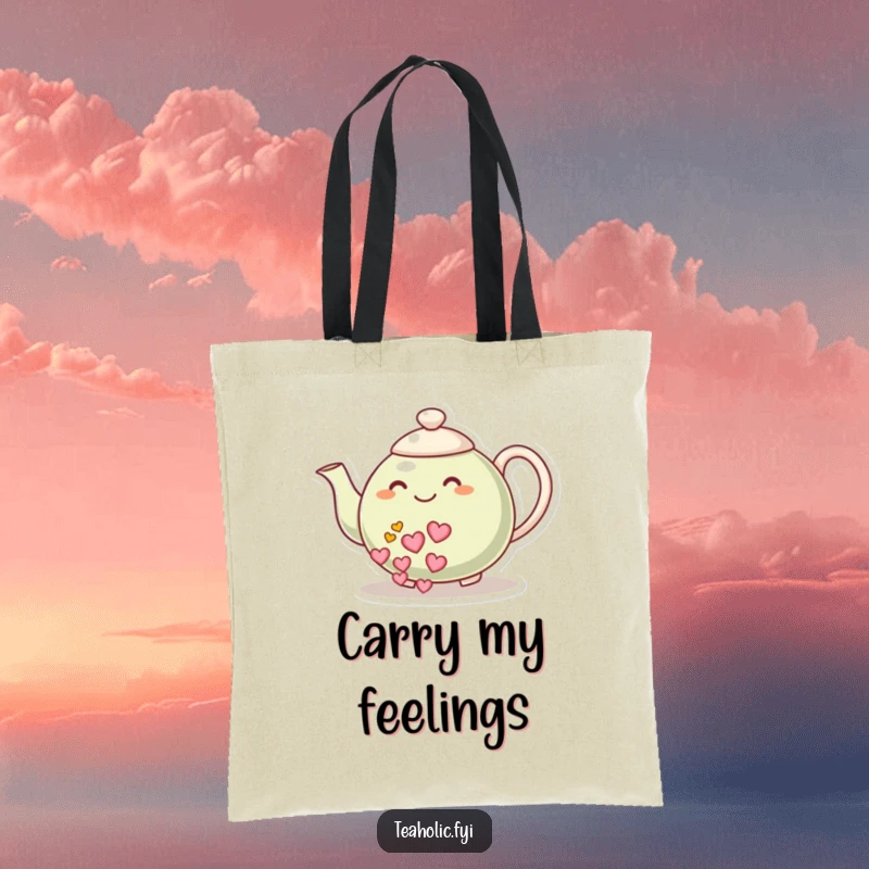 Funny tote bag: A smiling teapot character pours a stream of hearts, symbolizing love and warmth for everyday use.