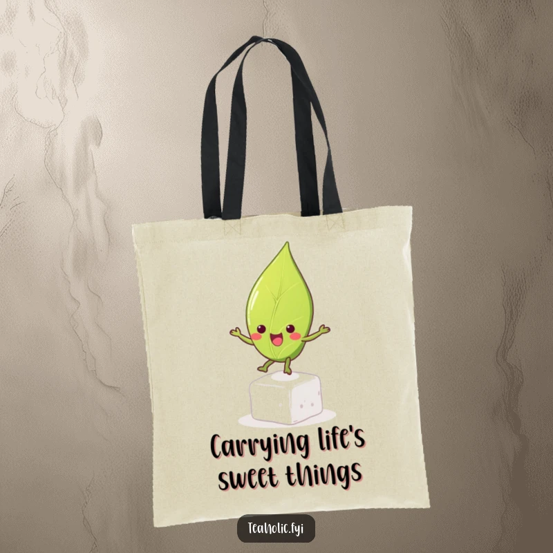 Funny tea leaf character excitedly bouncing on a sugar cube, featured on a durable tote bag, symbolizing cheerful errands and happy moments.