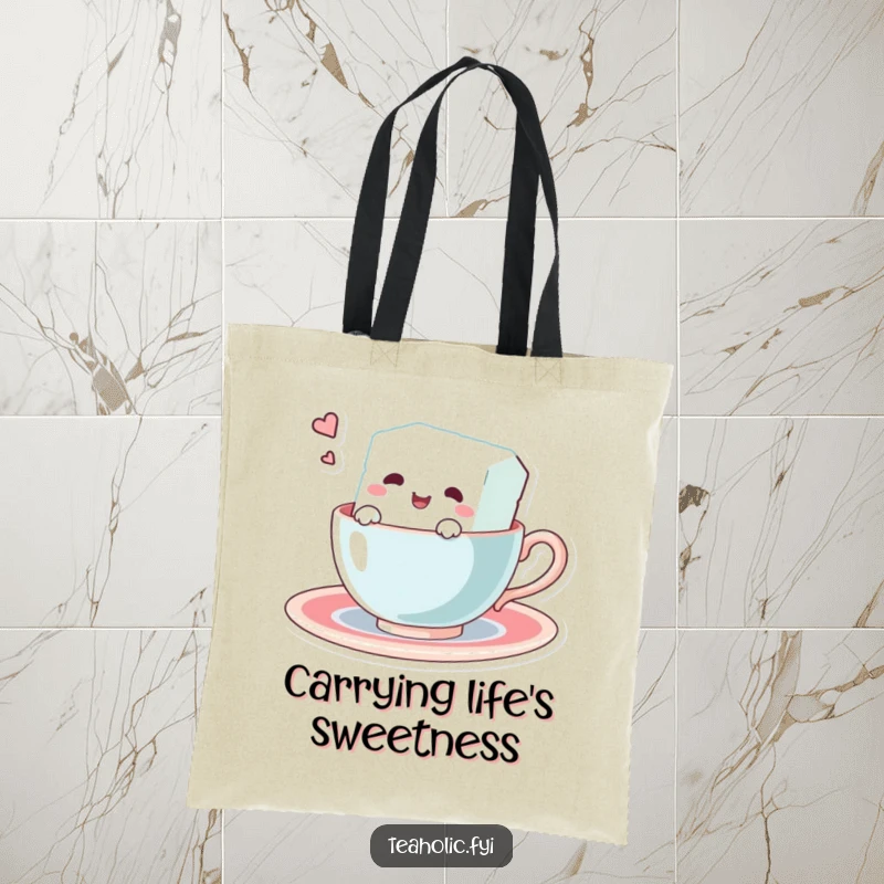 Funny tote bag depicting a happy sugar cube character swimming in a teacup. A charming and practical accessory for daily use.