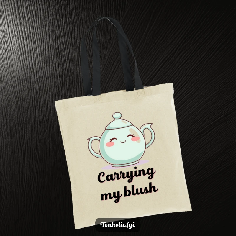 Funny tote bag with a shy teapot character blushing, perfect for carrying items with a touch of bashful charm.