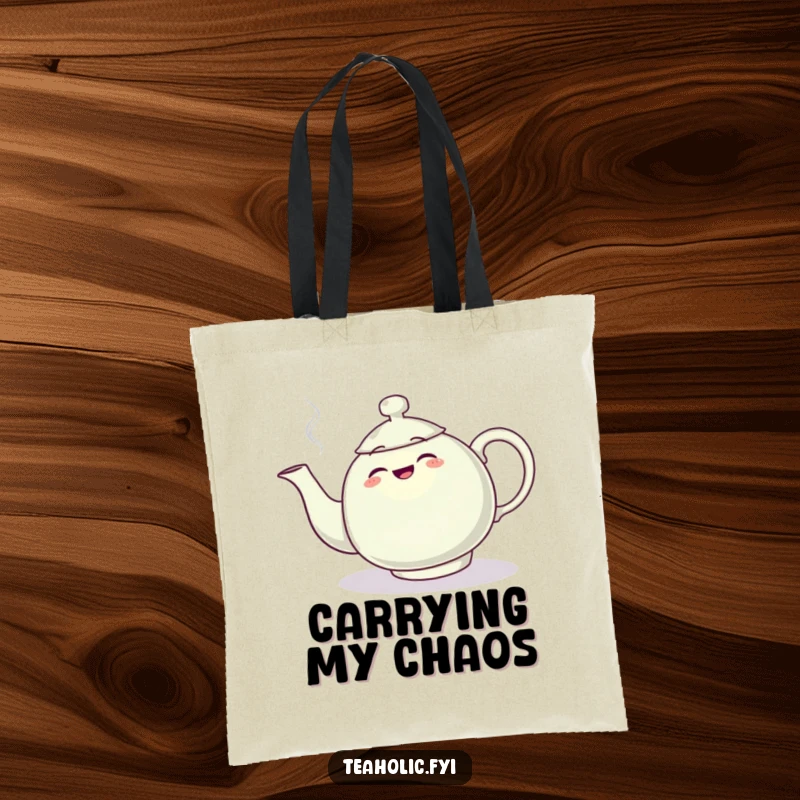Funny tote bag featuring a teapot character comically tripping over its own steam plume, perfect for a whimsical shopper.
