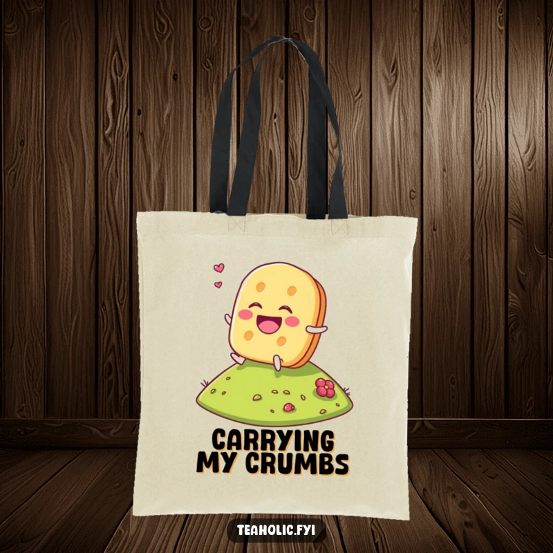 Funny Tea Biscuit Tote Bag featuring a laughing tea biscuit character rolling down a hill, perfect for carrying treats and smiles.