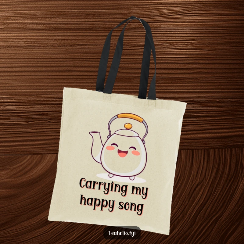 Funny tea kettle tote bag with a happy whistling character, perfect for carrying items and as a funny gift.