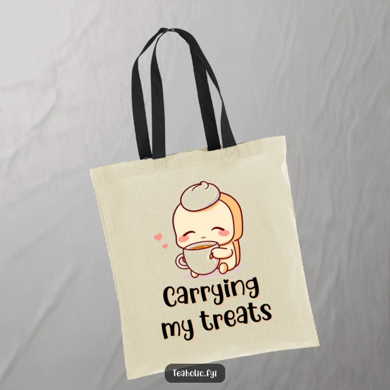 Funny Pastry Tote Bag: A relaxed pastry character sips tea peacefully, ideal for carrying essentials with sweet charm.