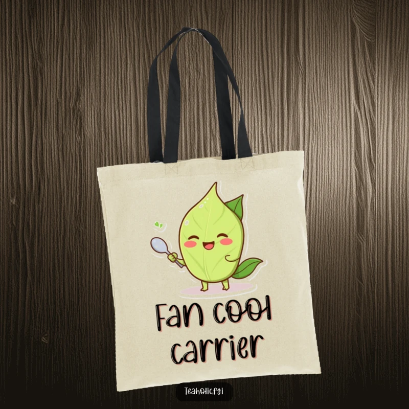 Funny smiling tea leaf character fanning itself with a small spoon, a humorous tote bag.