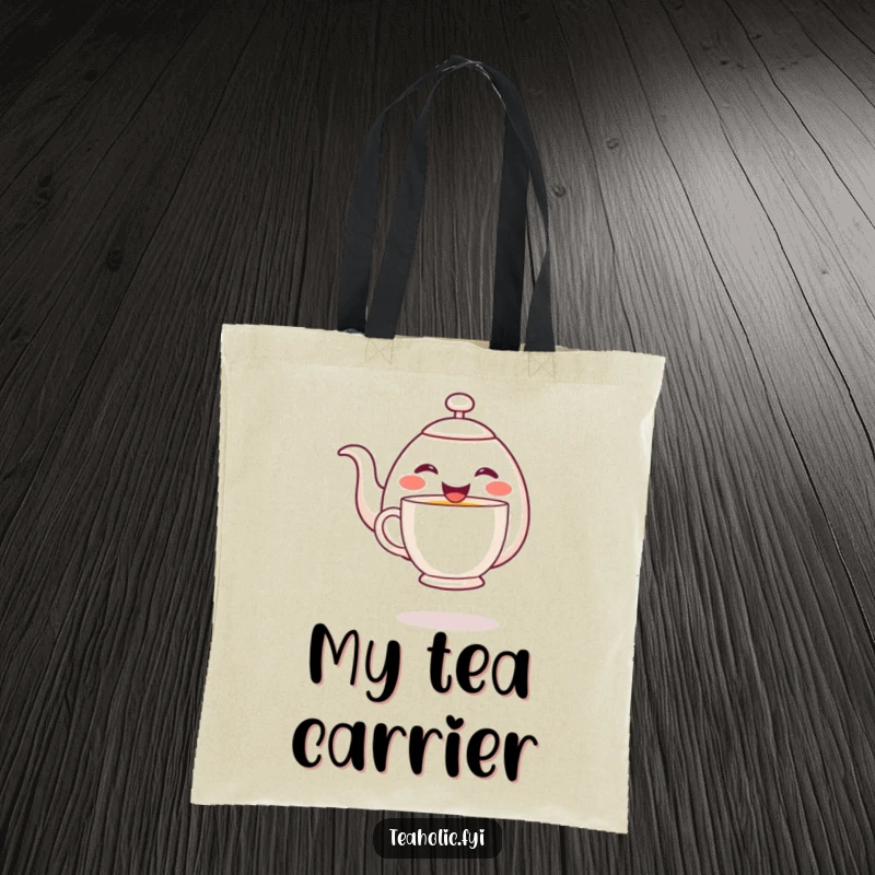 Funny cheerful teapot character joyfully pouring tea into a hovering mug, depicted on a durable tote bag.
