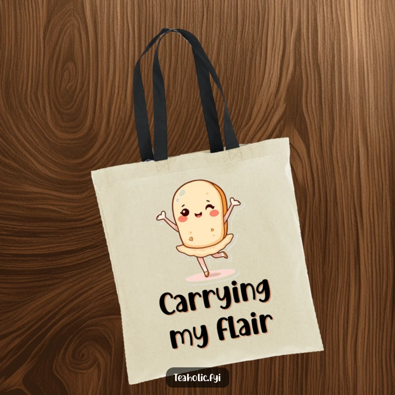 Funny tote bag illustration of a happy tea biscuit mid-pirouette, ready for a dance or errands.