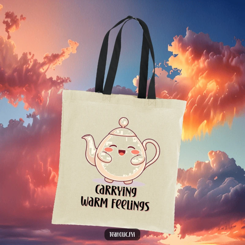 Funny tote bag depicting a cheerful teapot character giving a welcoming hug, perfect for carrying items with warmth.