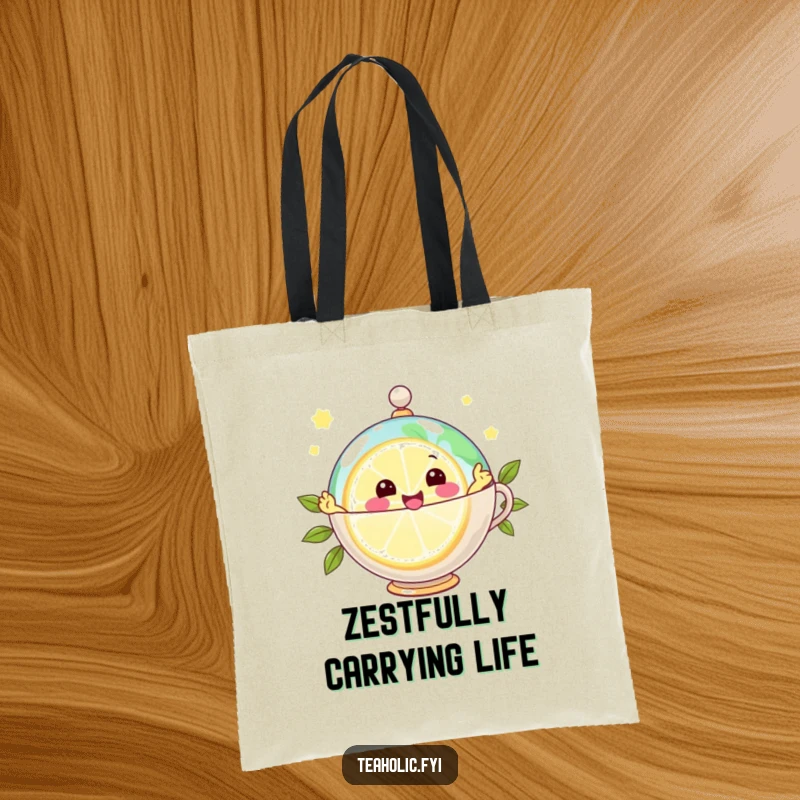 Funny tote bag with a joyful lemon slice character zipping around a teacup globe, great for carrying essentials zestfully.