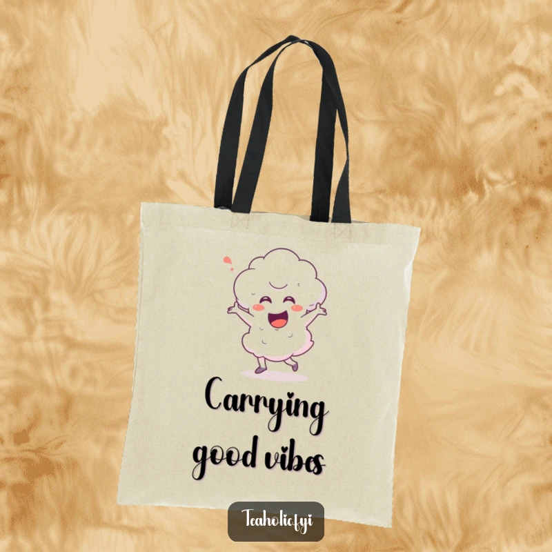 Funny steam cloud character in a cheerful happy dance, printed on a durable tote bag, ideal for shopping and everyday use.