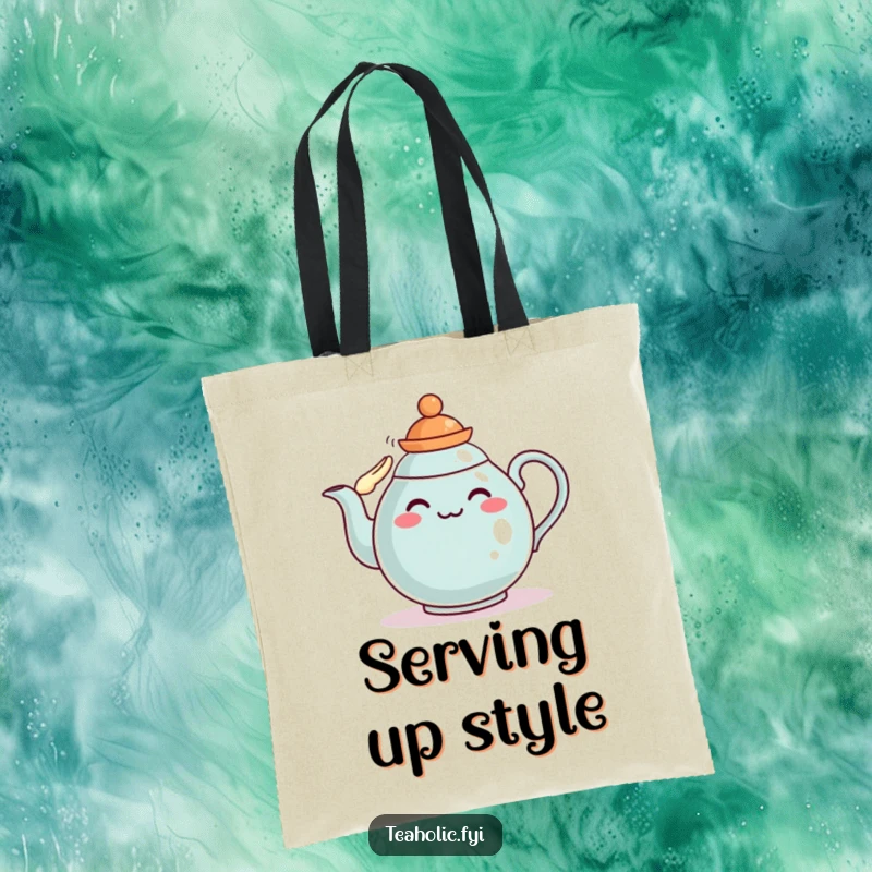 Funny teapot tote bag with a character saluting, perfect for carrying items and as a funny gift.