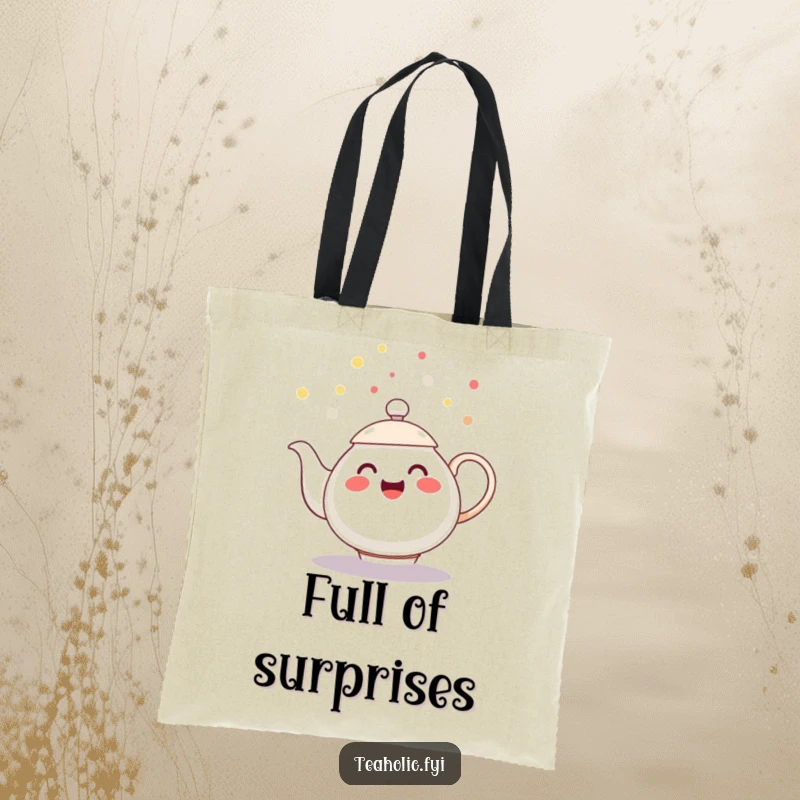 Funny tote bag with a cheerful teapot character spilling playful tea droplets like confetti, a festive funny gift.