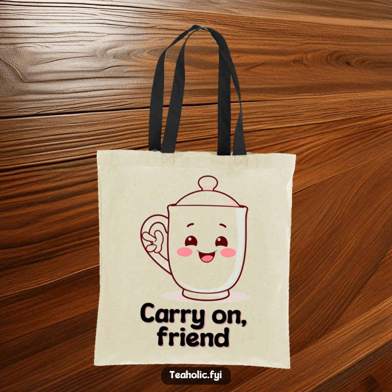 Funny tote bag with a smiling mug character waving its handle, a handy funny gift.