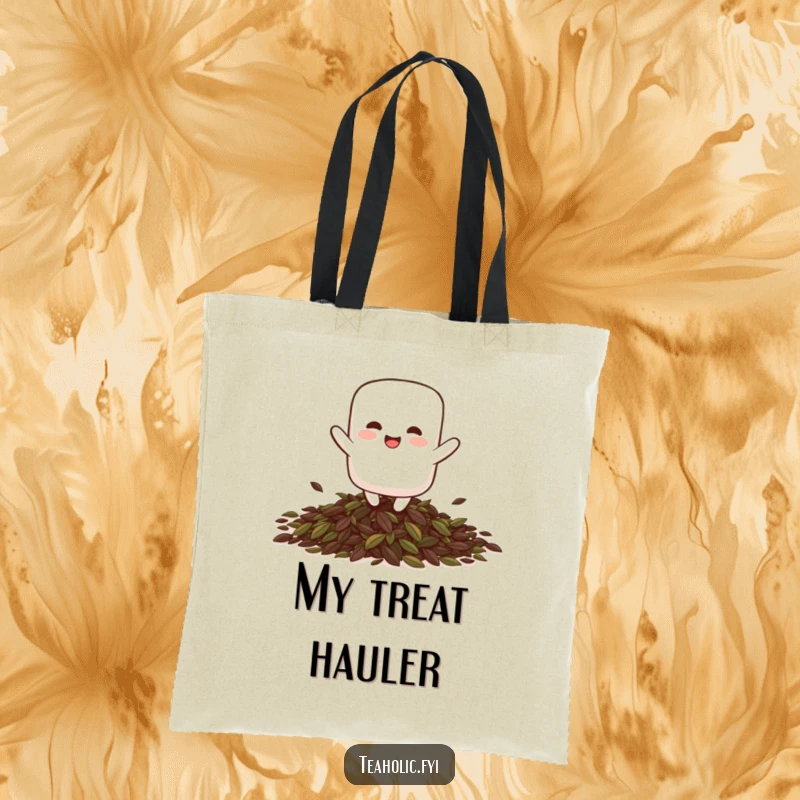 Funny giggling marshmallow character playfully bouncing on a pile of tea leaves, depicted on a durable tote bag.